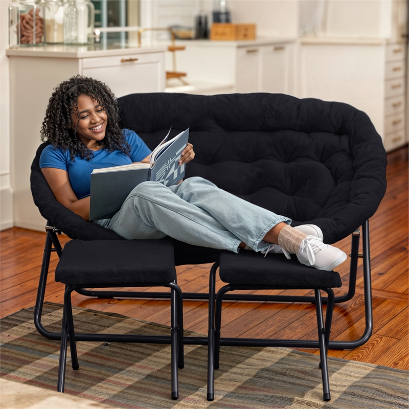 Double Folding Faux Fur Saucer Chair with 2 Ottomans - Black/Black