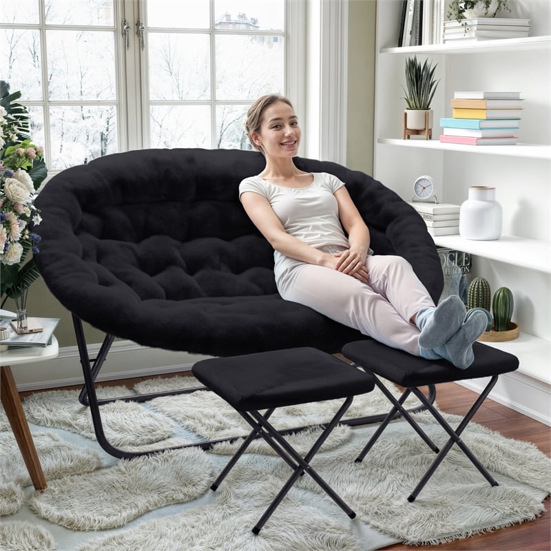 Double Folding Faux Fur Saucer Chair with 2 Ottomans - Black/Black