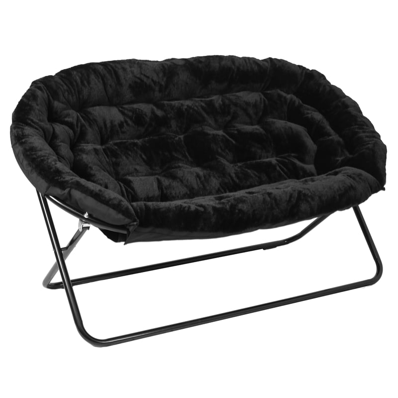 Double Folding Faux Fur Saucer Chair with 2 Ottomans - Black/Black