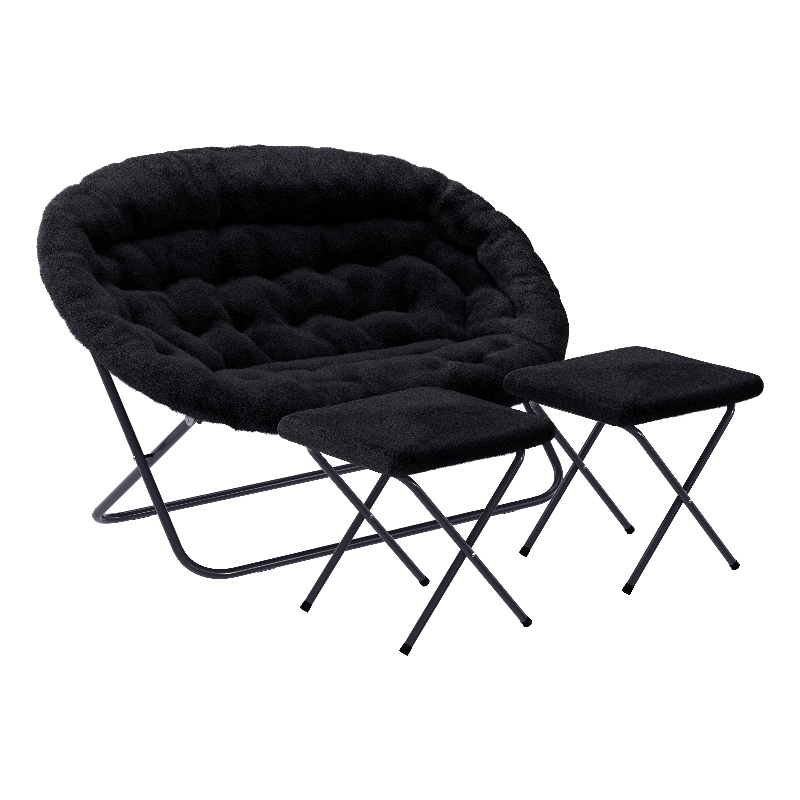 Double Folding Faux Fur Saucer Chair with 2 Ottomans - Black/Black
