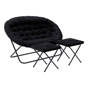 Double Folding Faux Fur Saucer Chair with 2 Ottomans - Black/Black
