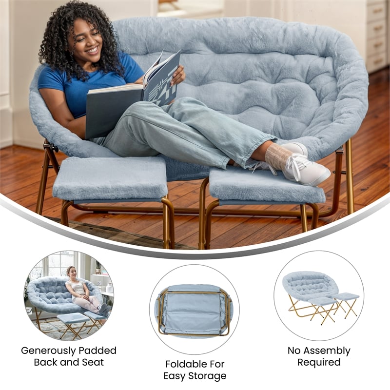 Double Folding Faux Fur Saucer Chair with 2 Ottomans - Dusty Aqua/Soft Gold