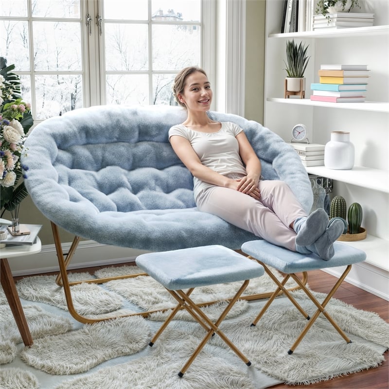 Double Folding Faux Fur Saucer Chair with 2 Ottomans - Dusty Aqua/Soft Gold