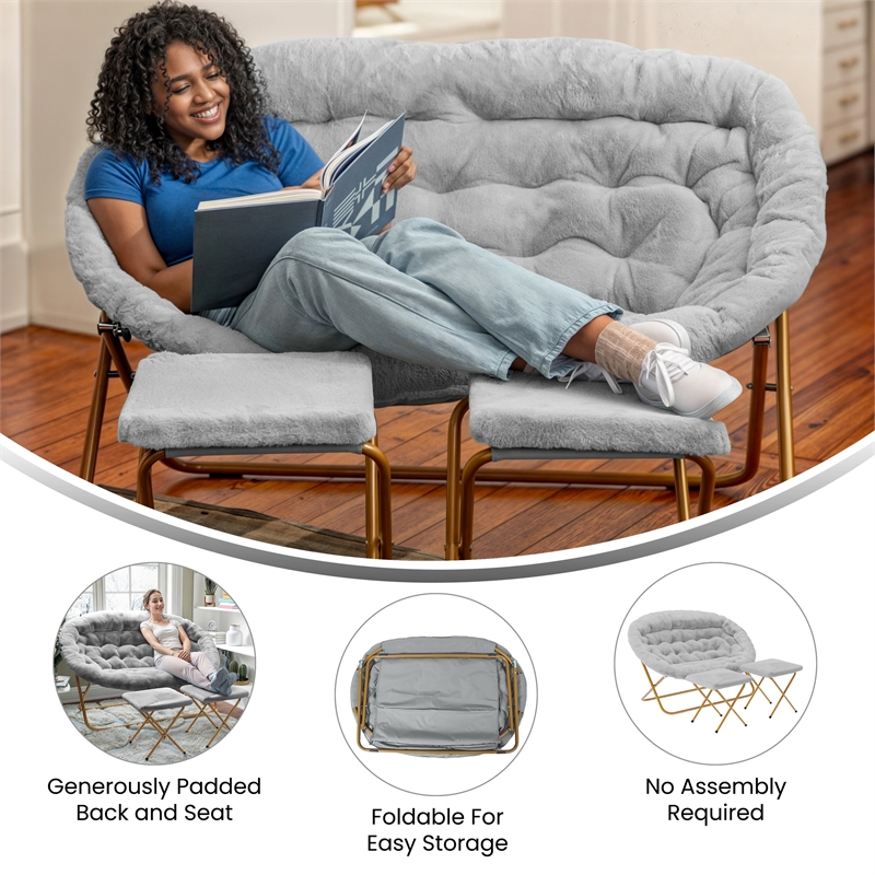 Double Folding Faux Fur Saucer Chair with 2 Ottomans - Gray/Soft Gold