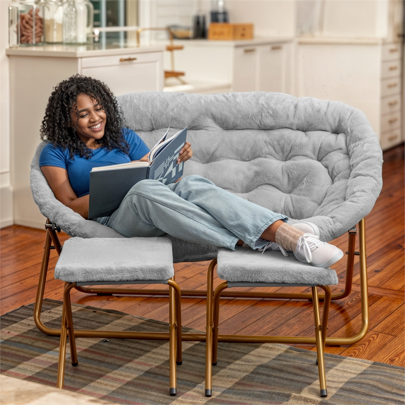 Double Folding Faux Fur Saucer Chair with 2 Ottomans - Gray/Soft Gold