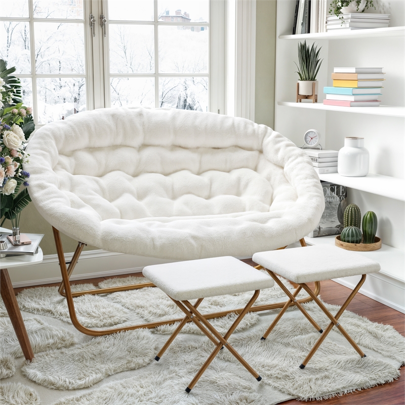 Double Folding Faux Shearling Saucer Chair with 2 Ottomans - Ivory/Soft Gold