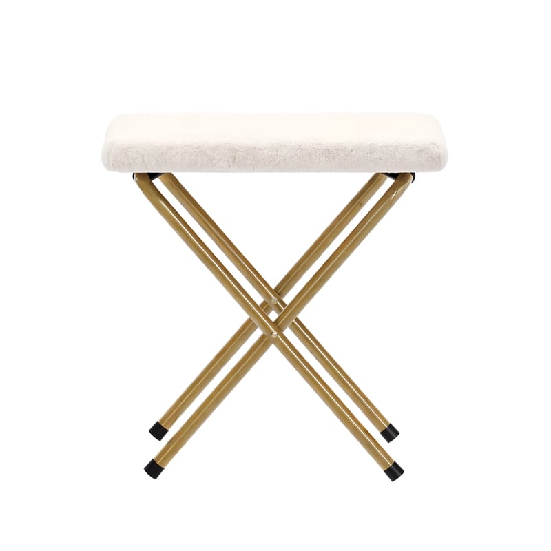 Double Folding Faux Shearling Saucer Chair with 2 Ottomans - Ivory/Soft Gold