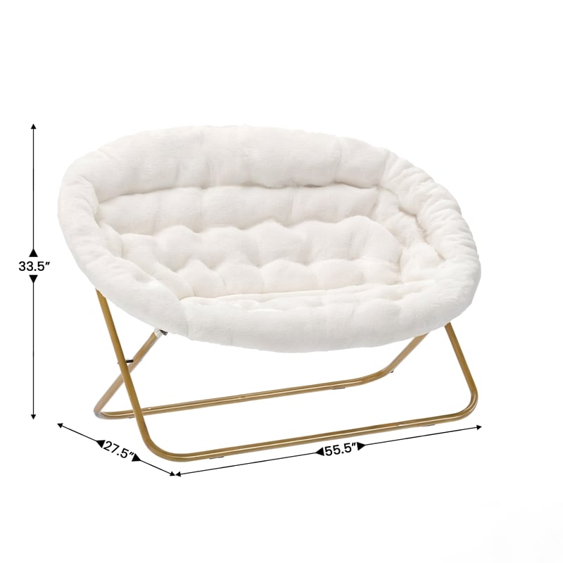Double Folding Faux Shearling Saucer Chair with 2 Ottomans - Ivory/Soft Gold