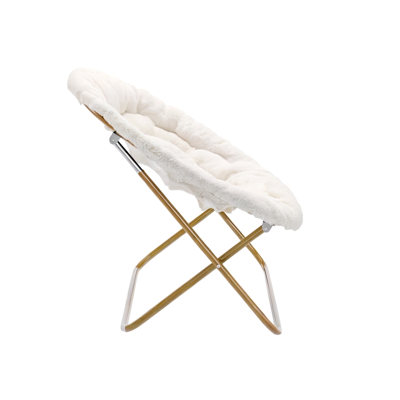 Double Folding Faux Shearling Saucer Chair with 2 Ottomans - Ivory/Soft Gold