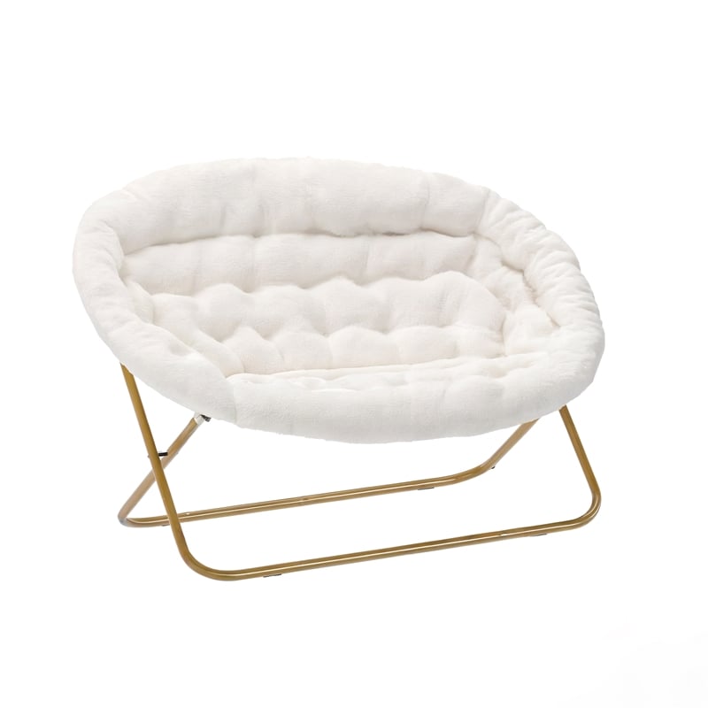 Double Folding Faux Shearling Saucer Chair with 2 Ottomans - Ivory/Soft Gold