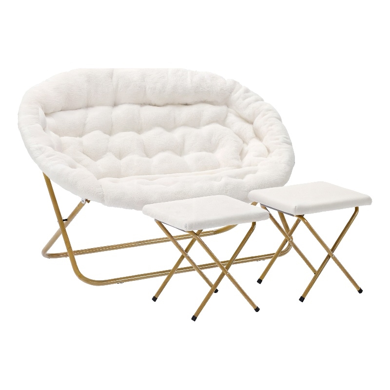 Double Folding Faux Shearling Saucer Chair with 2 Ottomans - Ivory/Soft Gold