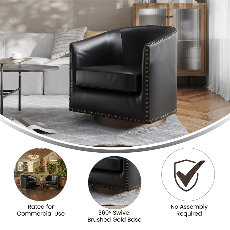 Classic Club Style Chair with 360 Swivel Base and Nail Trim - Black LeatherSoft