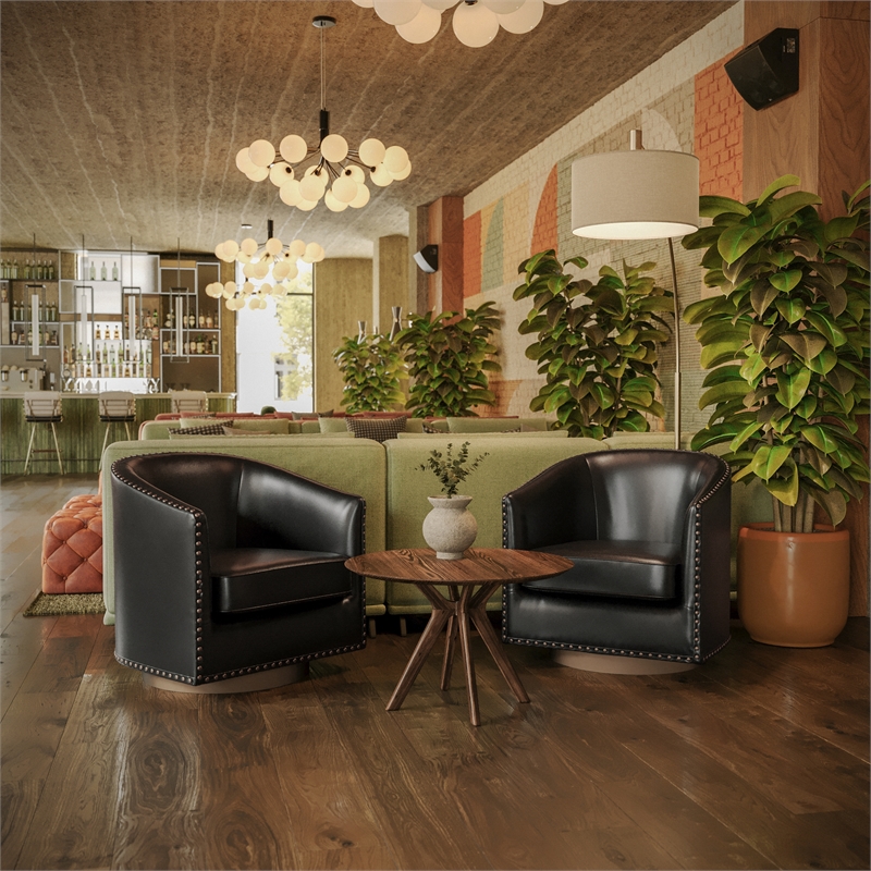 Classic Club Style Chair with 360 Swivel Base and Nail Trim - Black LeatherSoft