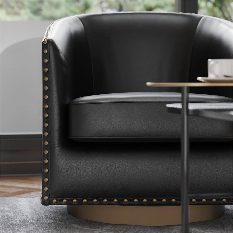 Classic Club Style Chair with 360 Swivel Base and Nail Trim - Black LeatherSoft
