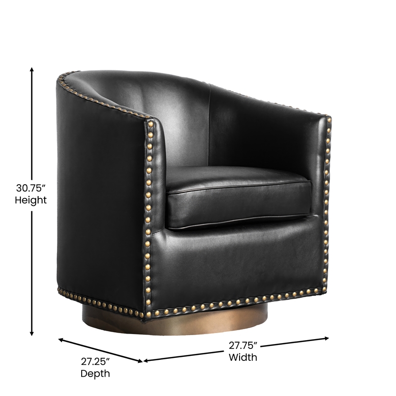 Classic Club Style Chair with 360 Swivel Base and Nail Trim - Black LeatherSoft