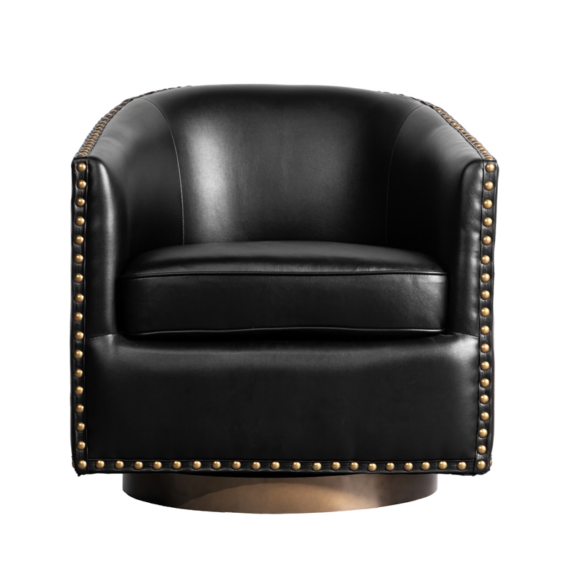 Classic Club Style Chair with 360 Swivel Base and Nail Trim - Black LeatherSoft