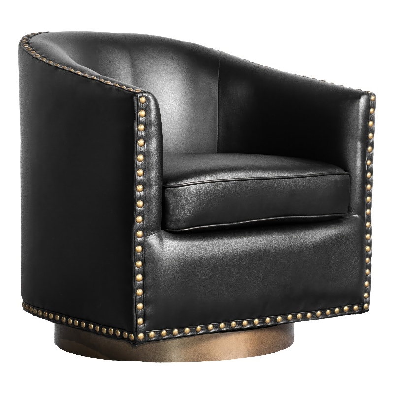 Classic Club Style Chair with 360 Swivel Base and Nail Trim - Black LeatherSoft