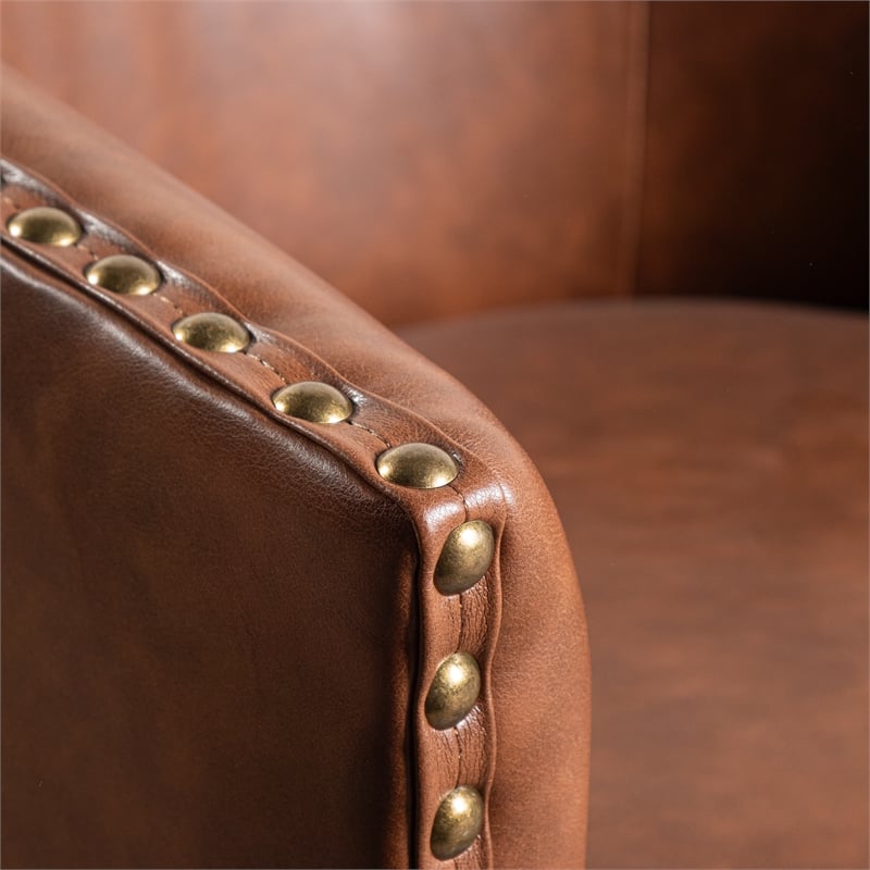 Classic Club Style Chair with 360 Swivel Base and Nail Trim - Brown LeatherSoft