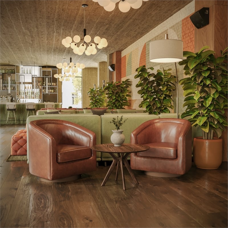 Traditional Club Style Chair with 360 Swivel Metal Base in Brown LeatherSoft