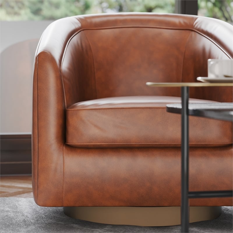 Traditional Club Style Chair with 360 Swivel Metal Base in Brown LeatherSoft