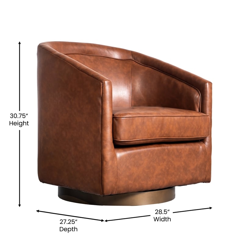 Traditional Club Style Chair with 360 Swivel Metal Base in Brown LeatherSoft