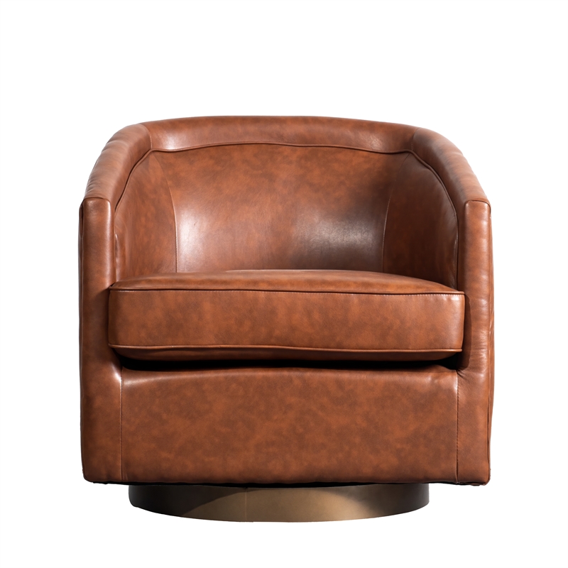 Traditional Club Style Chair with 360 Swivel Metal Base in Brown LeatherSoft
