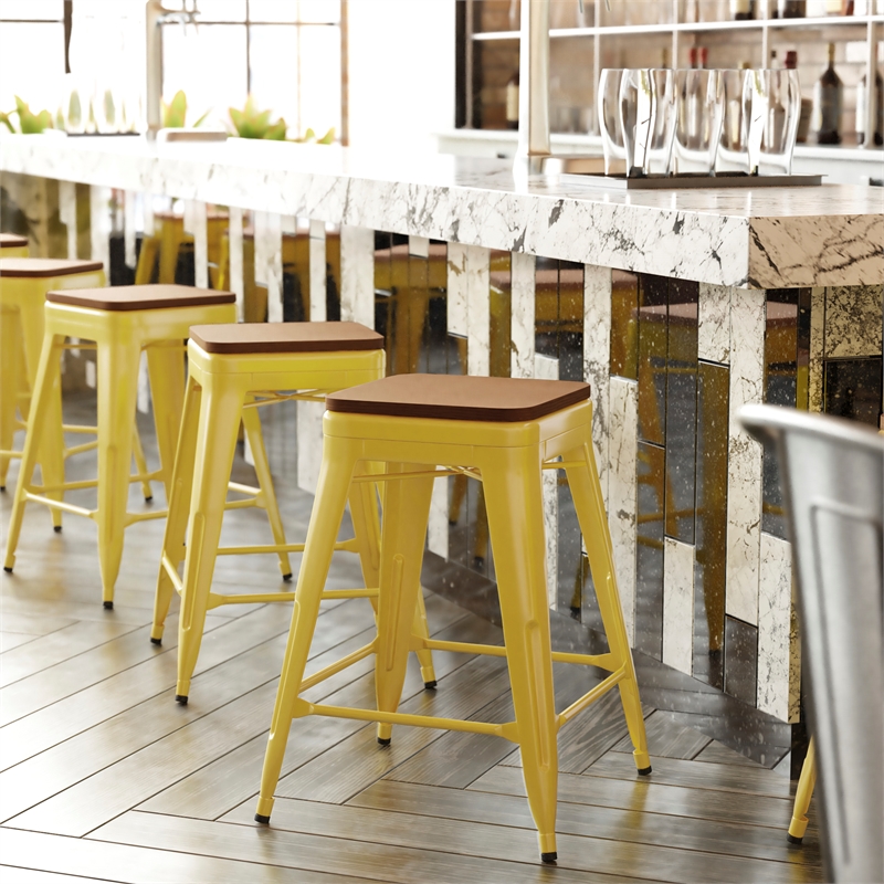 Indoor/Outdoor Backless Counter Stool with Poly Seat - Yellow/Teak