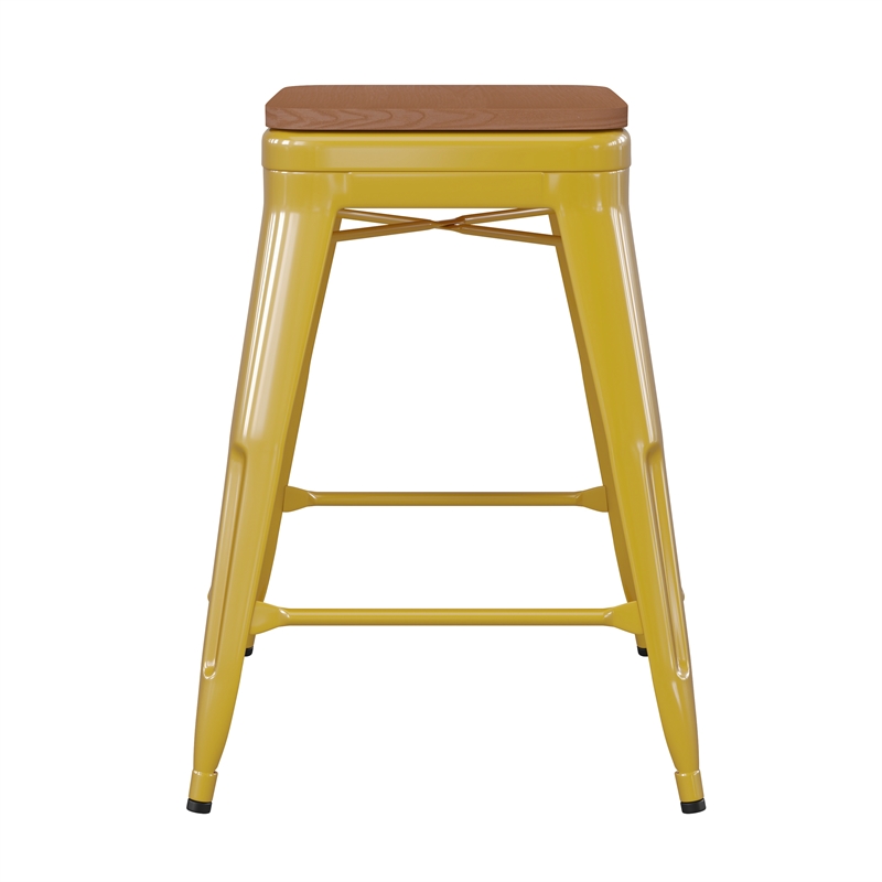 Indoor/Outdoor Backless Counter Stool with Poly Seat - Yellow/Teak