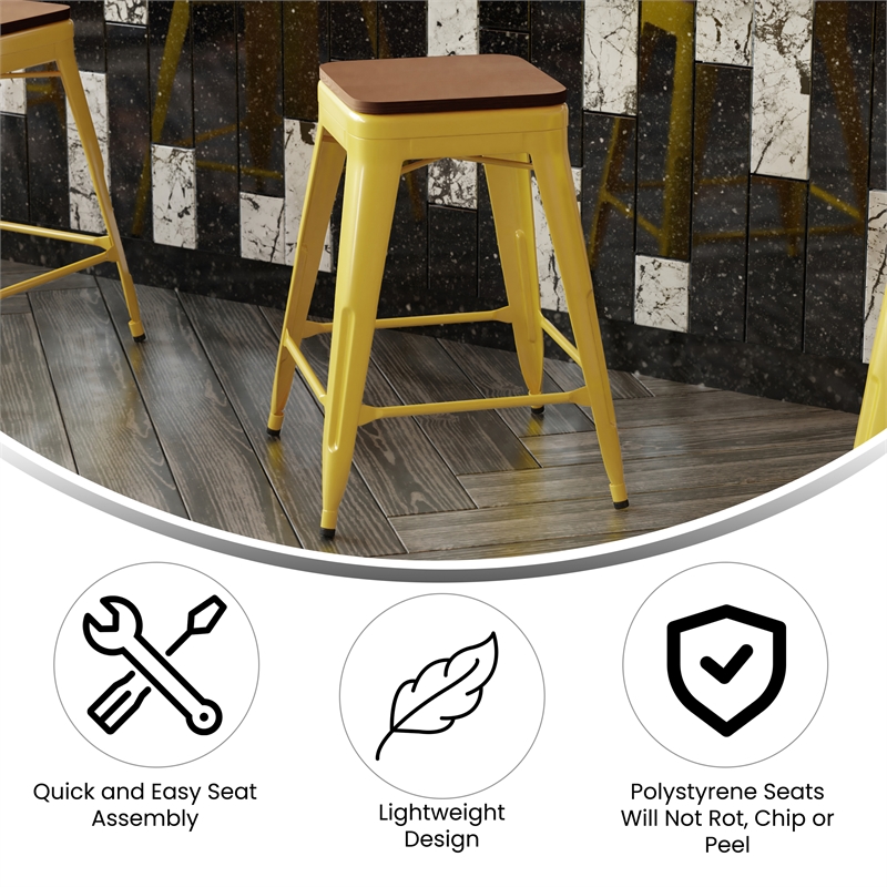 Indoor/Outdoor Backless Counter Stool with Poly Seat - Yellow/Teak