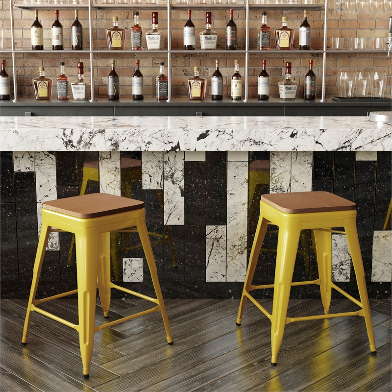 Indoor/Outdoor Backless Counter Stool with Poly Seat - Yellow/Teak