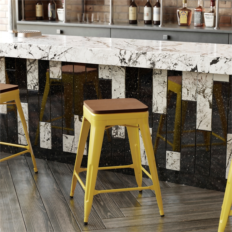 Indoor/Outdoor Backless Counter Stool with Poly Seat - Yellow/Teak