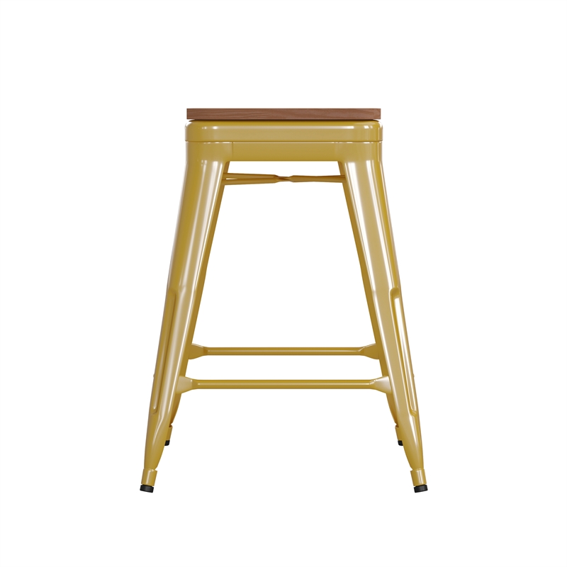 Indoor/Outdoor Backless Counter Stool with Poly Seat - Yellow/Teak