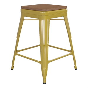 Indoor/Outdoor Backless Counter Stool with Poly Seat - Yellow/Teak