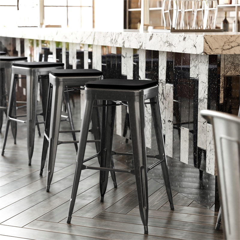 Indoor/Outdoor Backless Bar Stool with Poly Seat - Black/Black