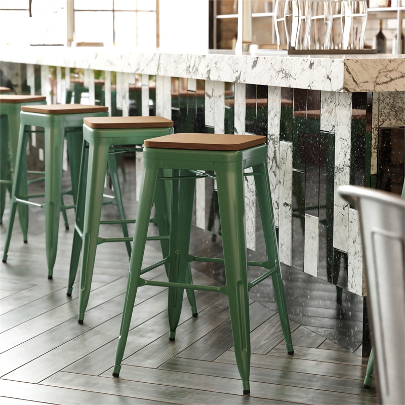 Flash Furniture Indoor/Outdoor Backless Bar Stool with Poly Seat - Green/Teak