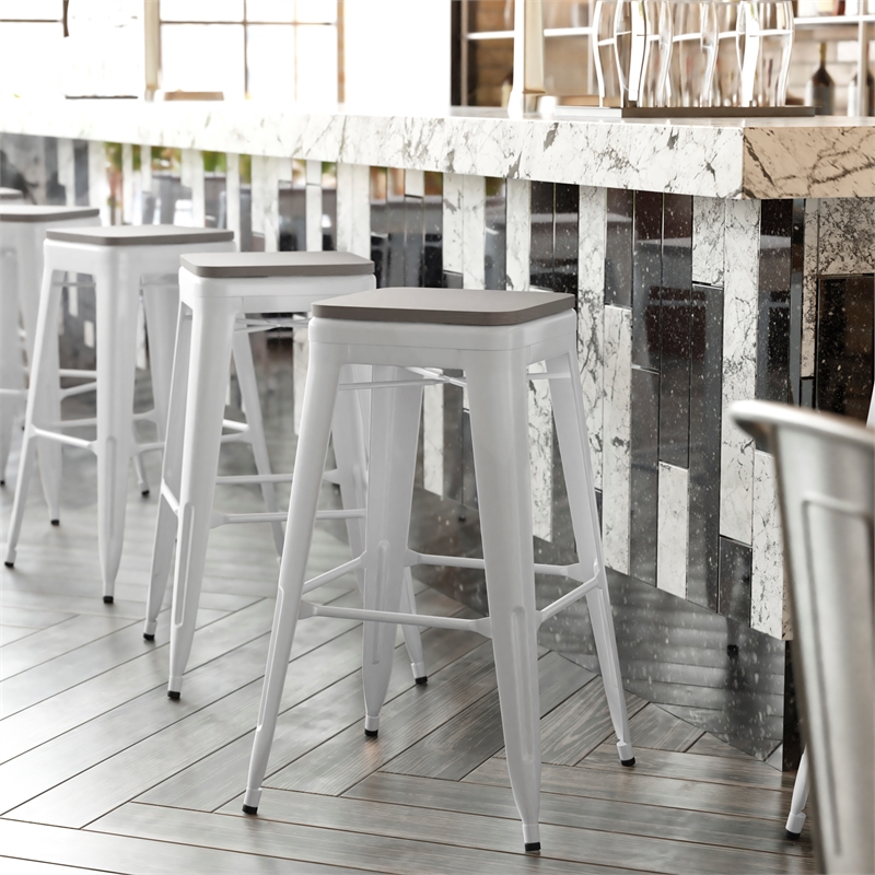Flash Furniture Indoor/Outdoor Backless Bar Stool with Poly Seat - White/Gray