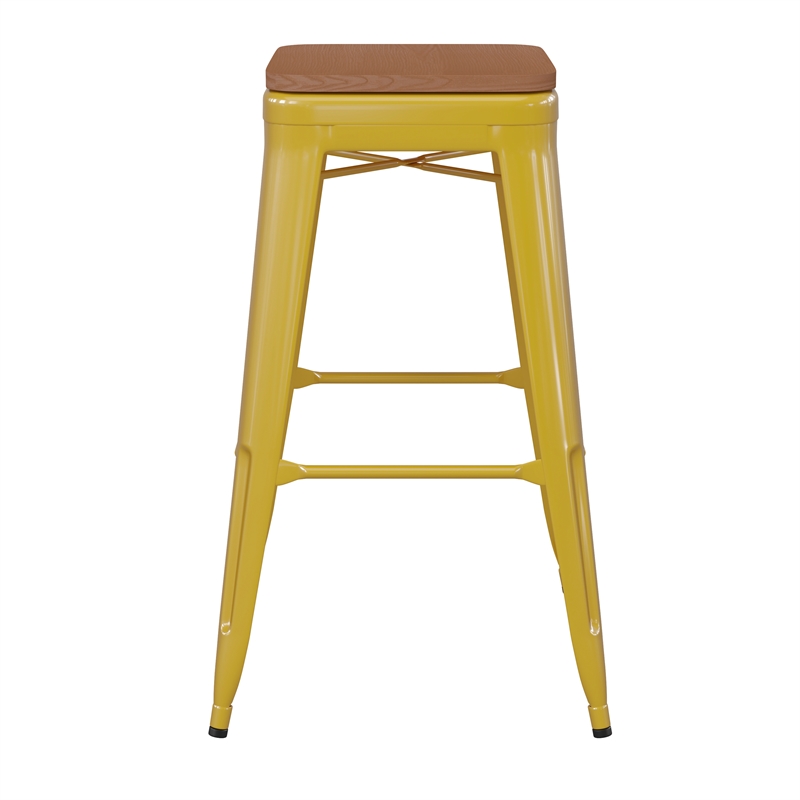 Indoor/Outdoor Backless Bar Stool with Poly Seat - Yellow/Teak