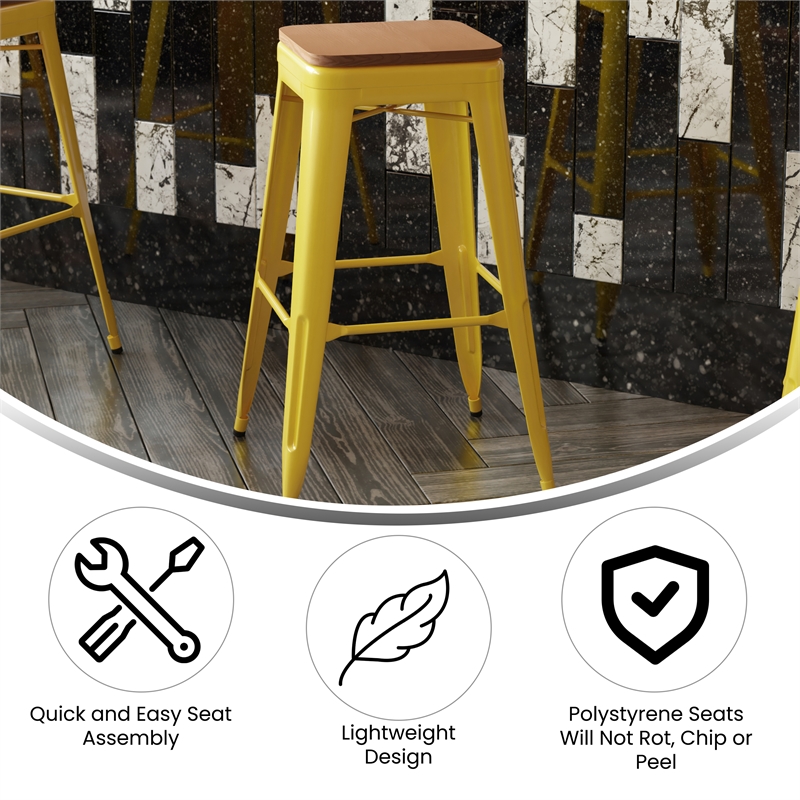 Indoor/Outdoor Backless Bar Stool with Poly Seat - Yellow/Teak