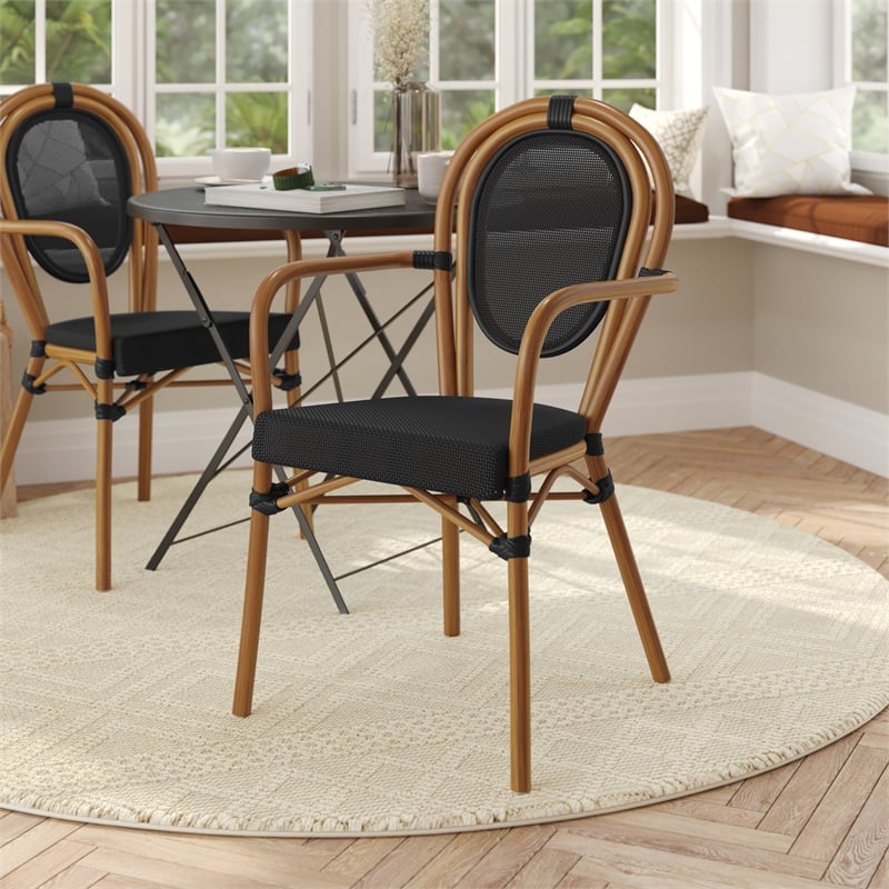 All-Weather Commercial Paris Chair with Arms and Natural Metal Frame-Black