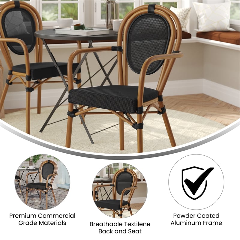 All-Weather Commercial Paris Chair with Arms and Natural Metal Frame-Black