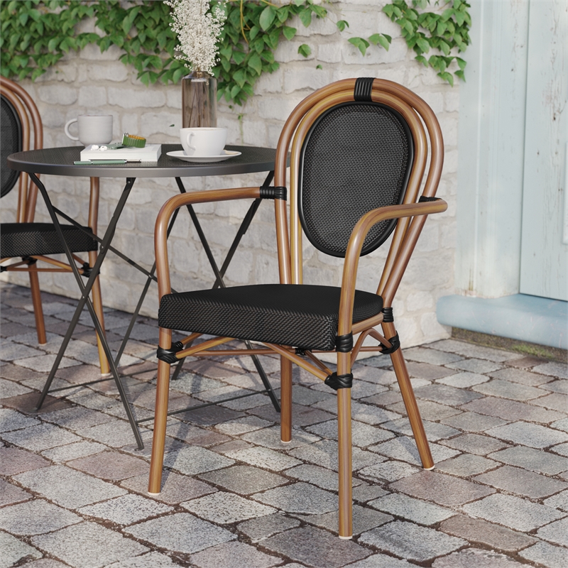 All-Weather Commercial Paris Chair with Arms and Natural Metal Frame-Black