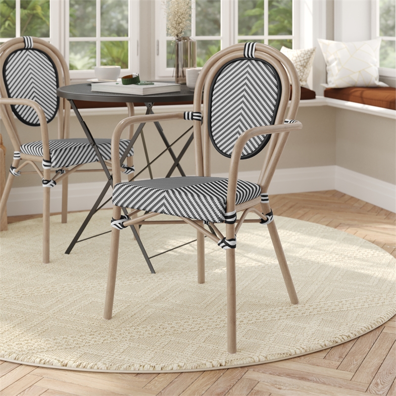 All-Weather Commercial Paris Chair with Arms and Natural Metal Frame-Black/White