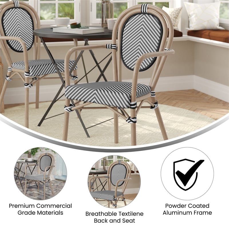 All-Weather Commercial Paris Chair with Arms and Natural Metal Frame-Black/White