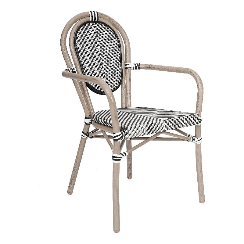 All-Weather Commercial Paris Chair with Arms and Natural Metal Frame-Black/White