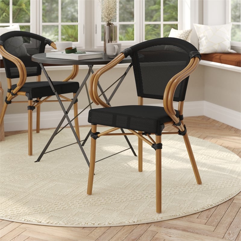 All-Weather Commercial Paris Chair with Arms and Natural Metal Frame-Black