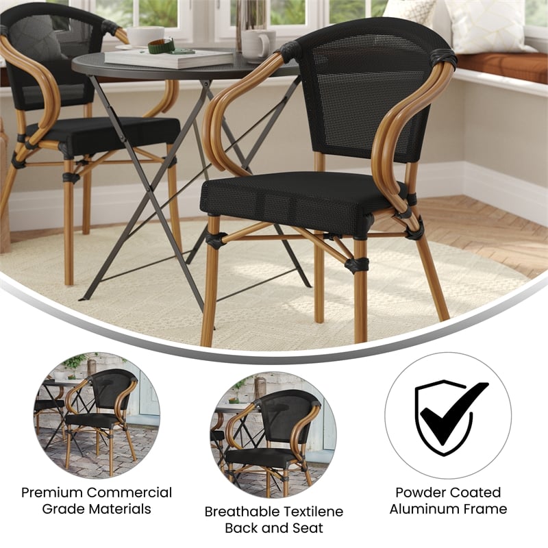 All-Weather Commercial Paris Chair with Arms and Natural Metal Frame-Black