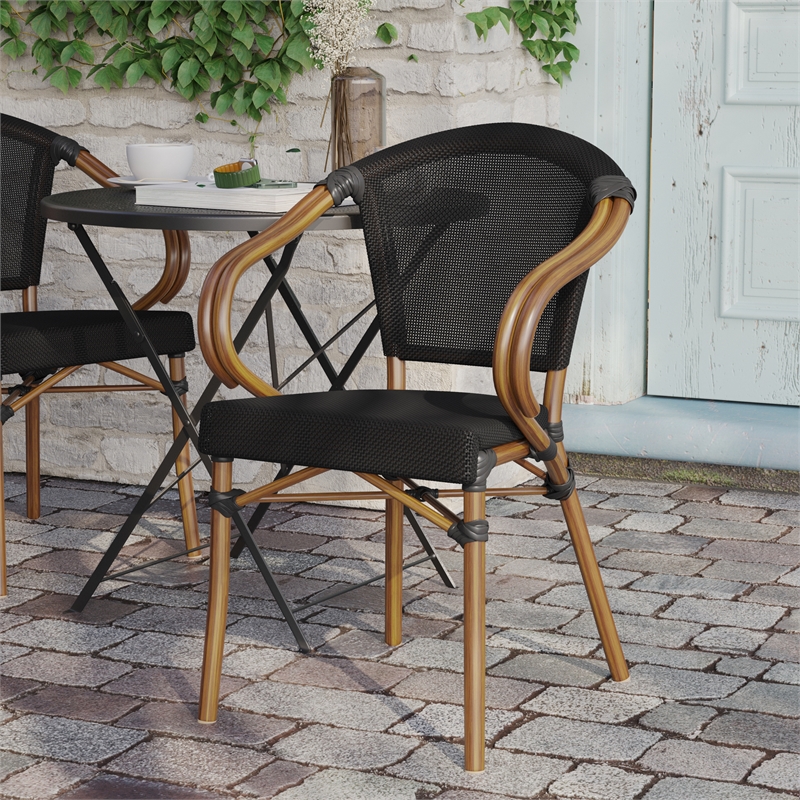 All-Weather Commercial Paris Chair with Arms and Natural Metal Frame-Black