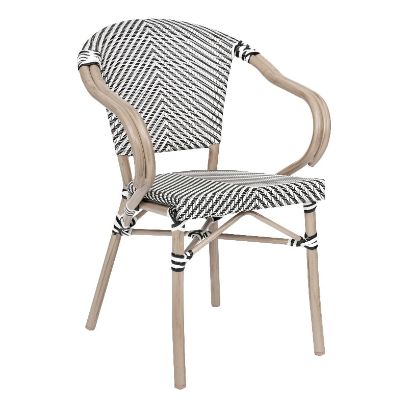 All-Weather Commercial Paris Chair w/ Arms & LT Natural Metal Frame-Black/White