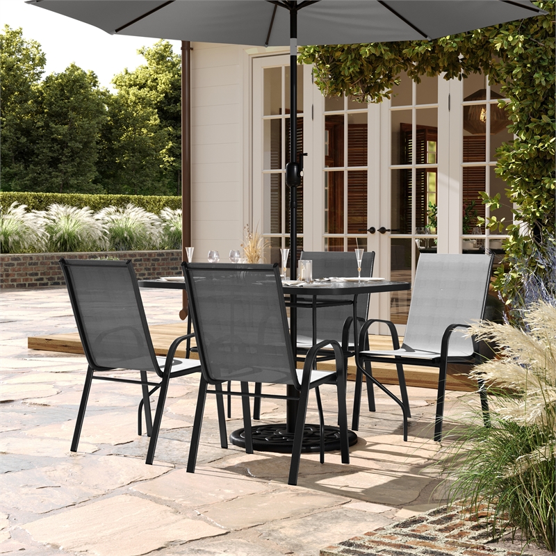 Commercial 5 Pc Outdoor Patio Dining Set with Glass Table and 4 Chairs - Gray