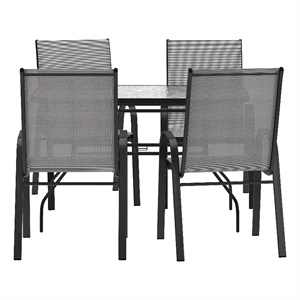 Commercial 5 Pc Outdoor Patio Dining Set with Glass Table and 4 Chairs - Gray